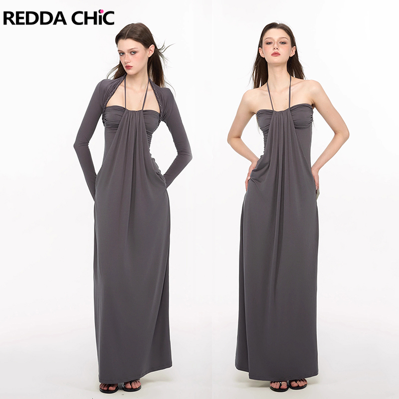 Braided Line - ชุดเดรสยาวทรงครอปแบบถักเปียสุดหรู REDDACHiC พร้อมเสื้อคลุมคาร์ดิแกนผ้าโมดอลแบบลำลอง ชุดเดรสทรงคอร์เซ็ทผูกเชือกแบบผูกคอ สำหรับผู้หญิง สวมใส่ได้ทุกวัน