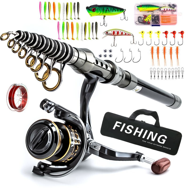 Freshwater Line - ชุดคันเบ็ดตกปลาแบบยืดหดได้ทำจากคาร์บอนไฟเบอร์พร้อมรอกและเหยื่อปลอม ชุดอุปกรณ์ตกปลาแบบพกพาสำหรับการเดินทาง ใช้ได้ทั้งน้ำจืดและน้ำเค็ม